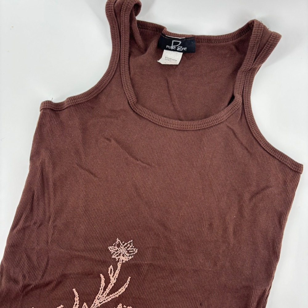 Y2K Pure Zone‎ Tank Top Women Small Brown Beaded Floral Ribbed T4285M